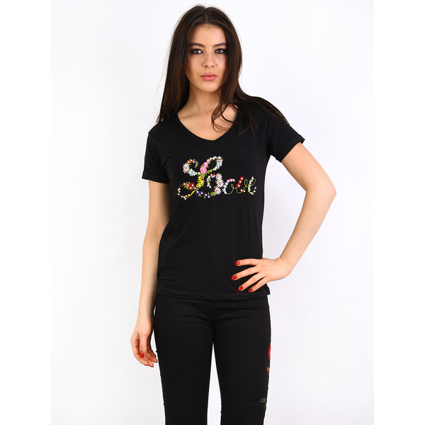 Tricou Dama Cu Broderie Si Perlute Love Negru